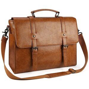 Messenger Bag for Men 15.6" Vintage Leather Briefcase Waterproof Bag, Brown